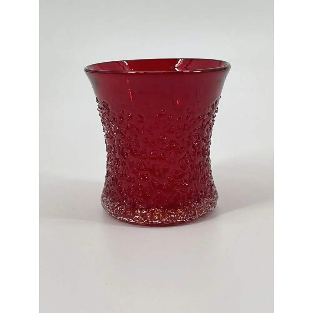 Hand Blown Art Glass Frit Overshot Red Amberina Votive Juice Glass Tumbler RARE